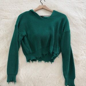 Forever 21 Teal V-Neck Distressed Sweater